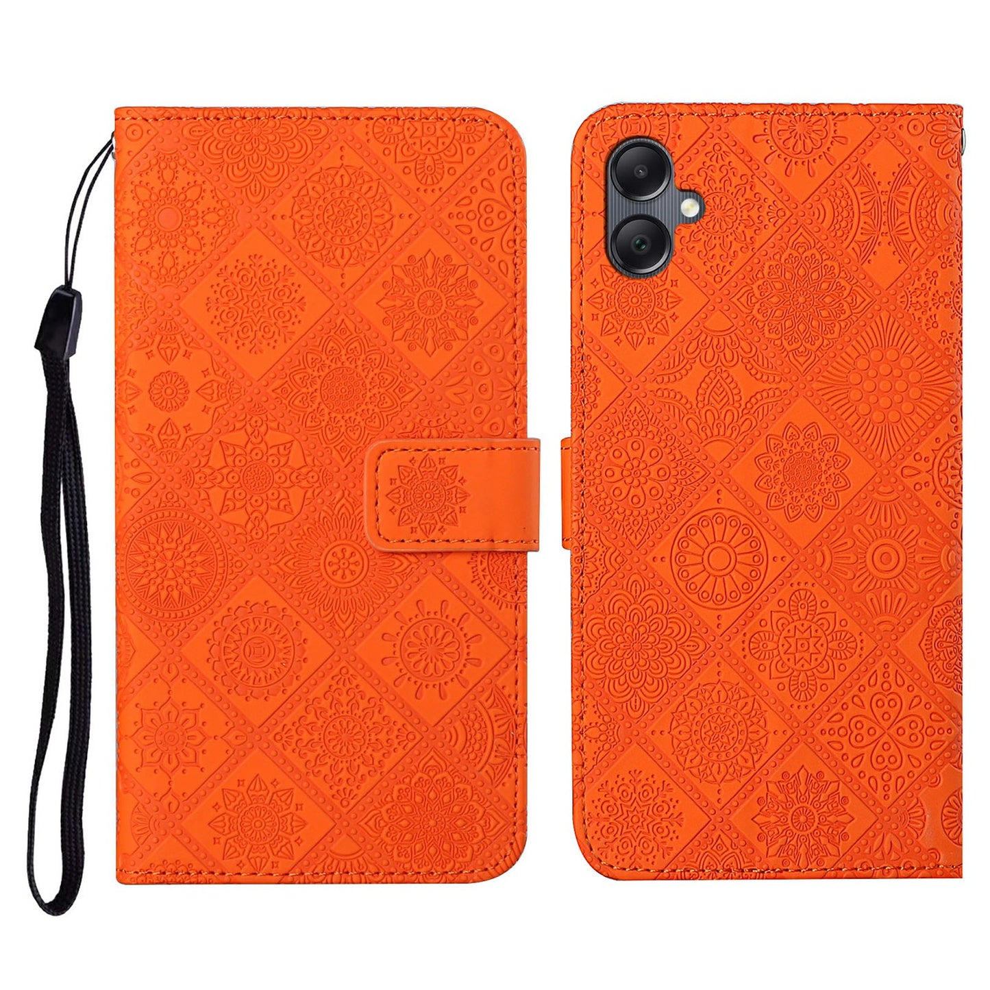 For Samsung Galaxy A06 Leather Case Ethnic Style Phone Wallet Cover with Strap - Orange