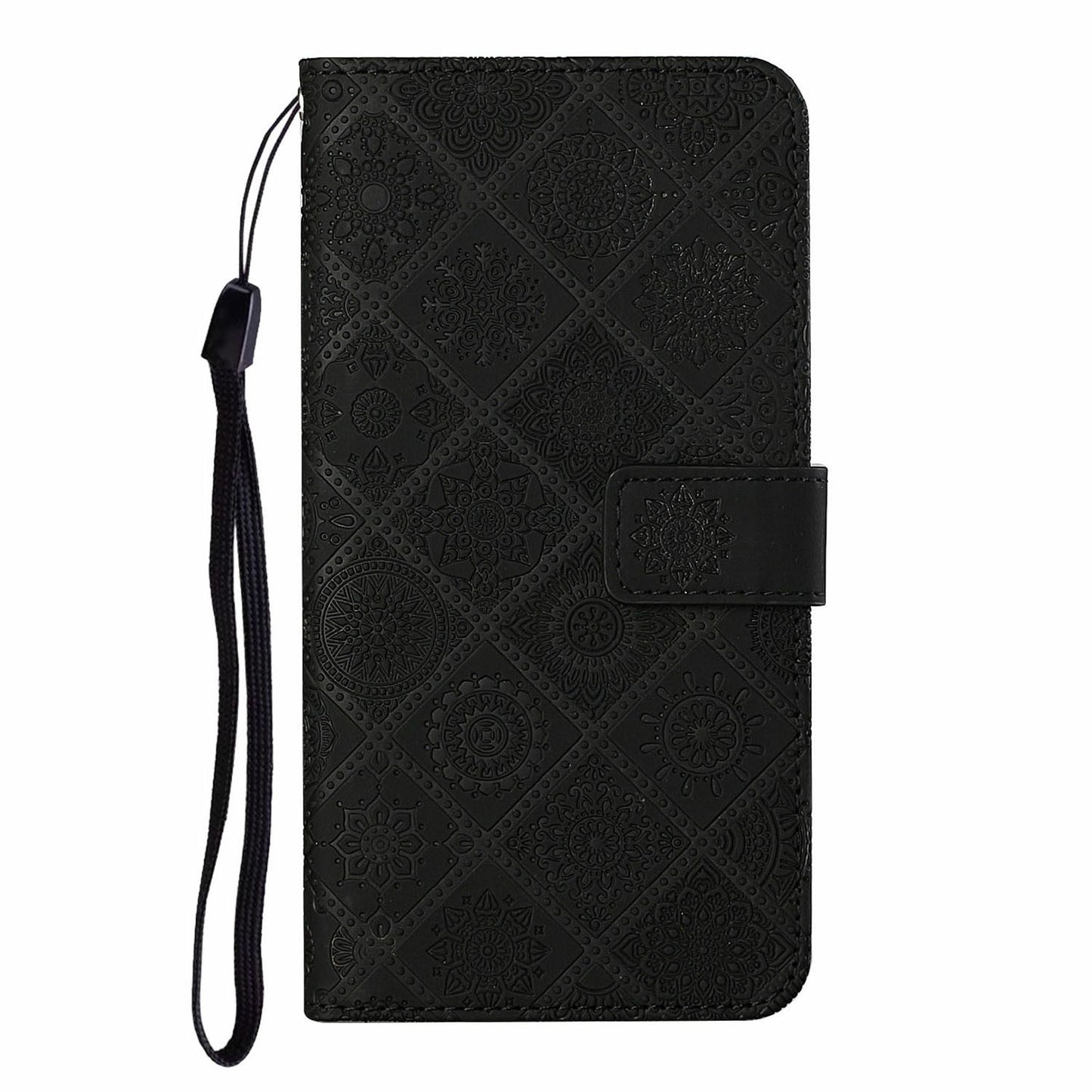 For Samsung Galaxy A06 Leather Case Ethnic Style Phone Wallet Cover with Strap - Black