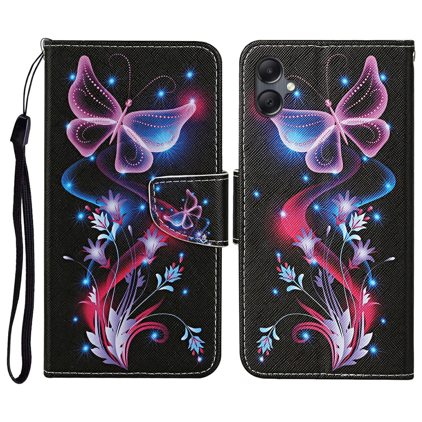 For Samsung Galaxy A06 Case Pattern Printing Protective Leather Folio Phone Cover - Glowing Butterfly
