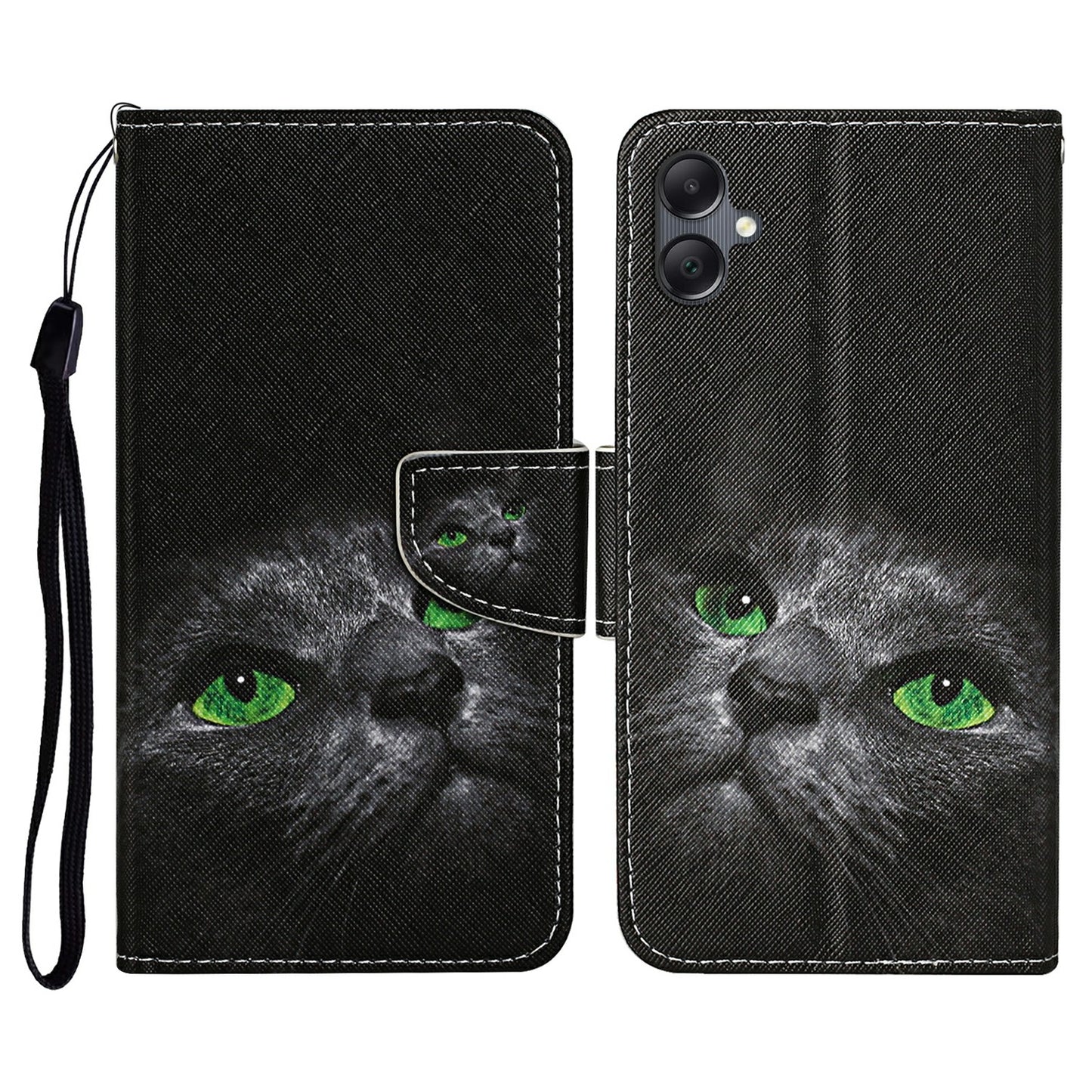 For Samsung Galaxy A06 Case Pattern Printing Protective Leather Folio Phone Cover - Black Cat