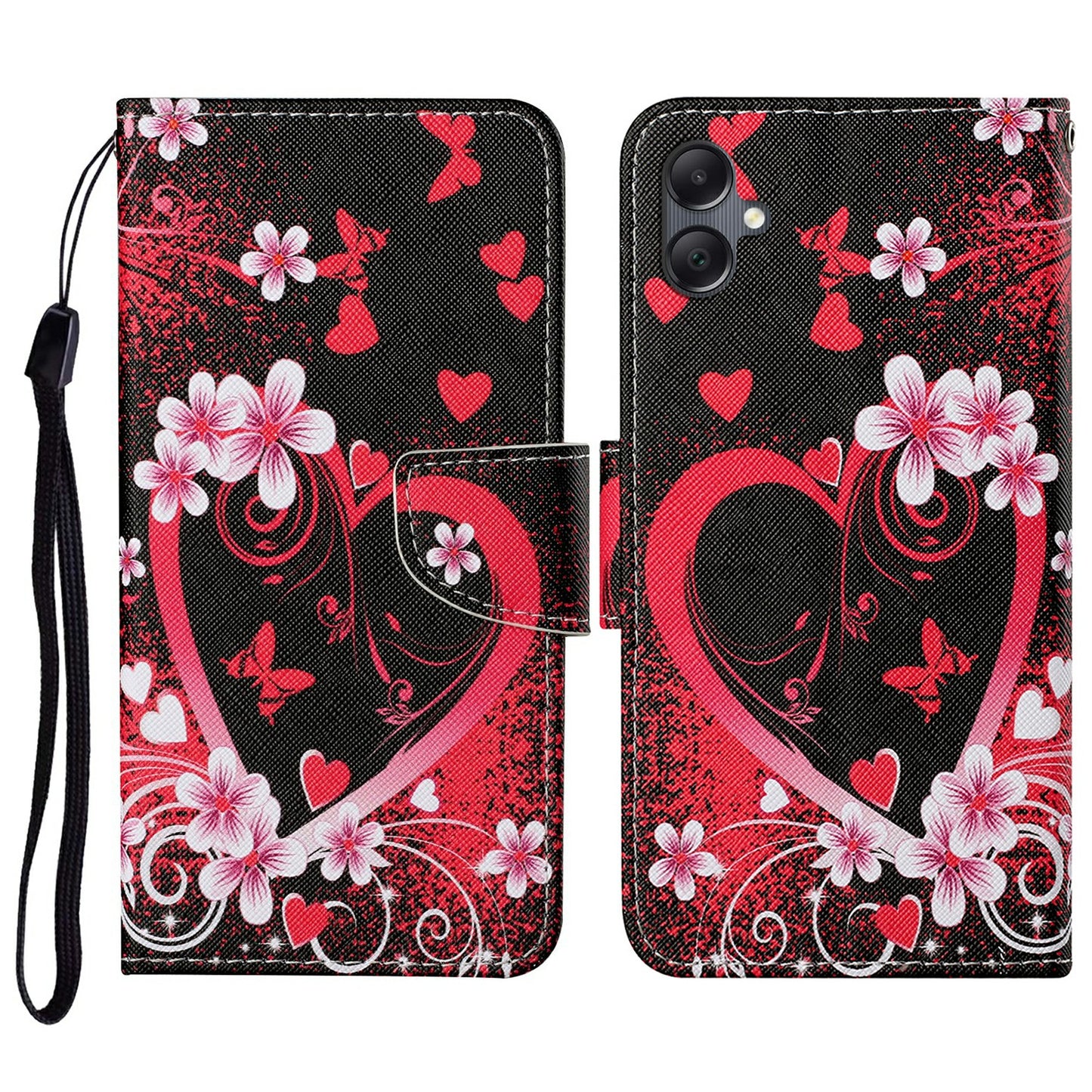 For Samsung Galaxy A06 Case Pattern Printing Protective Leather Folio Phone Cover - Red Heart