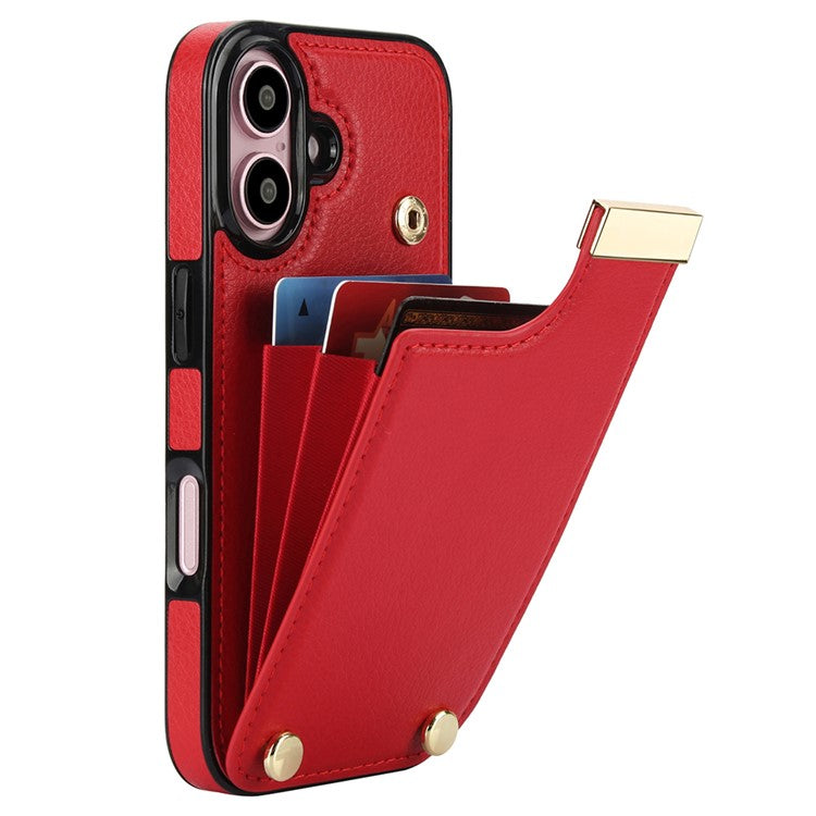 For iPhone 16 Case TPU+PU Leather Hardware Decor Phone Cover with Card Holder - Red