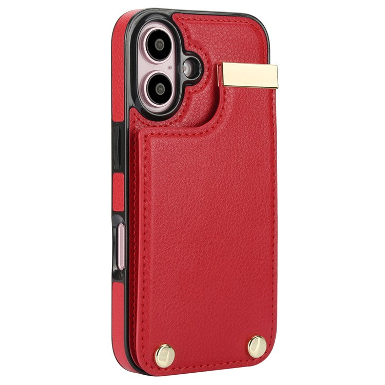 For iPhone 16 Case TPU+PU Leather Hardware Decor Phone Cover with Card Holder - Red