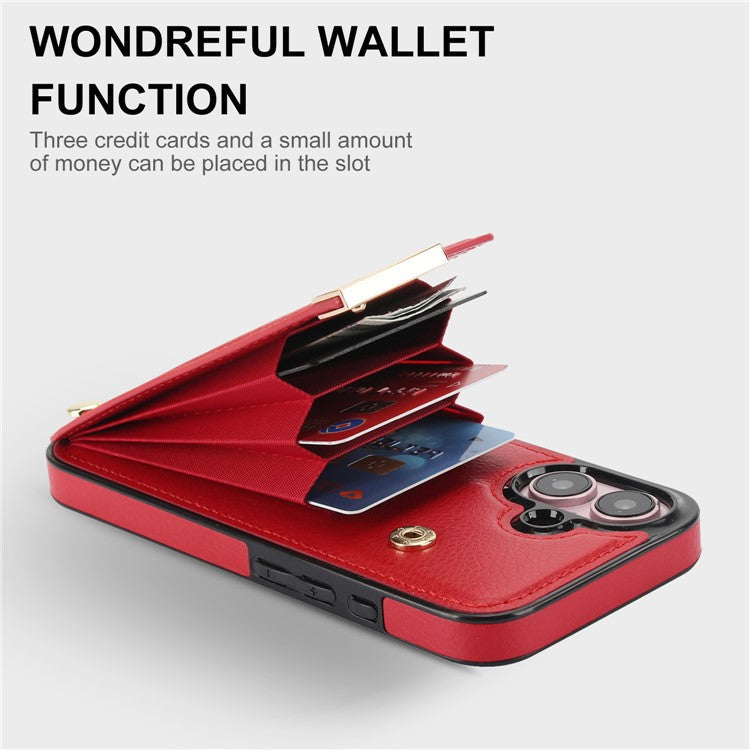 For iPhone 16 Case TPU+PU Leather Hardware Decor Phone Cover with Card Holder - Red