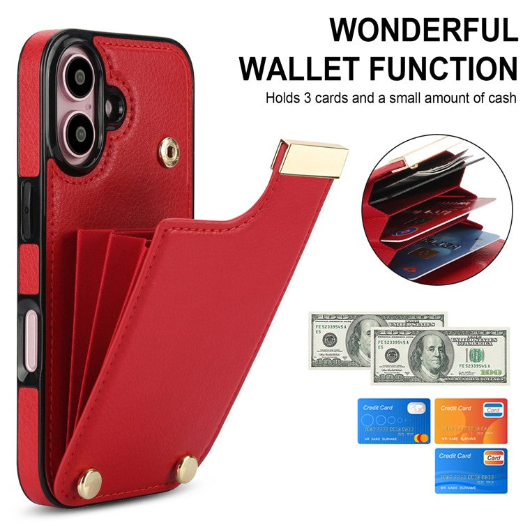 For iPhone 16 Case TPU+PU Leather Hardware Decor Phone Cover with Card Holder - Red