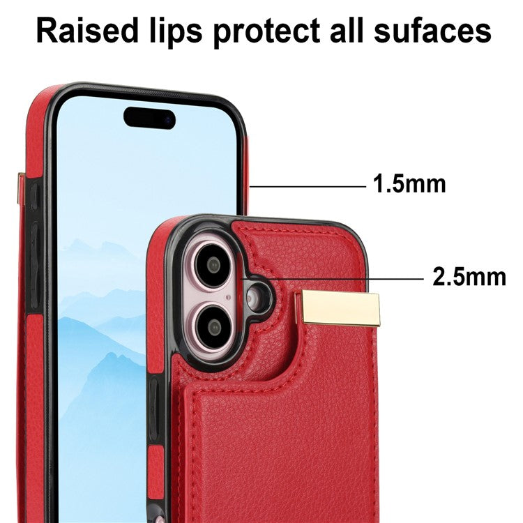 For iPhone 16 Case TPU+PU Leather Hardware Decor Phone Cover with Card Holder - Red