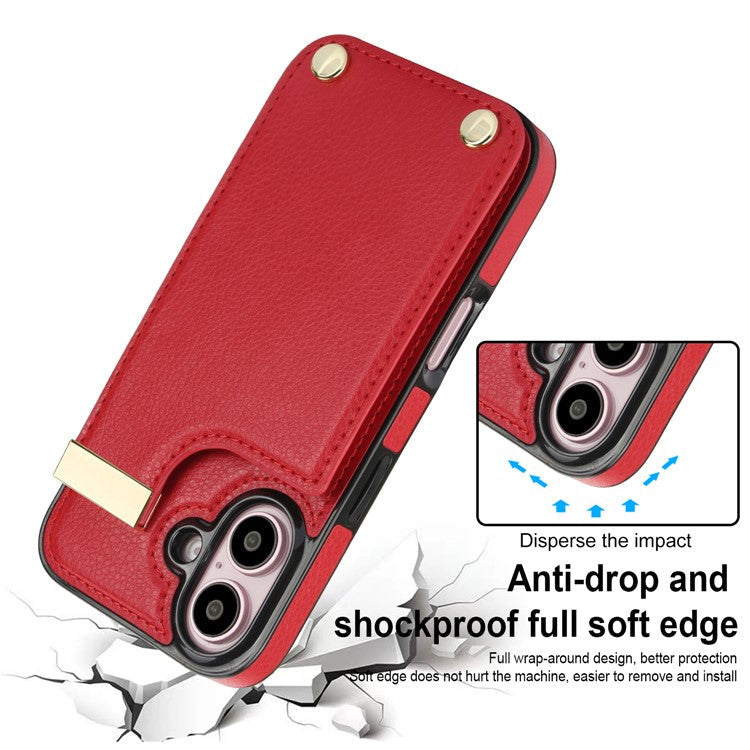 For iPhone 16 Case TPU+PU Leather Hardware Decor Phone Cover with Card Holder - Red