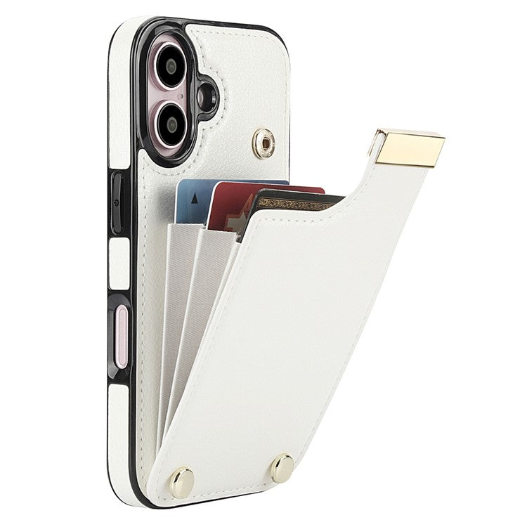 For iPhone 16 Case TPU+PU Leather Hardware Decor Phone Cover with Card Holder - White