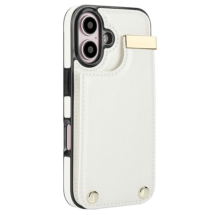 For iPhone 16 Case TPU+PU Leather Hardware Decor Phone Cover with Card Holder - White