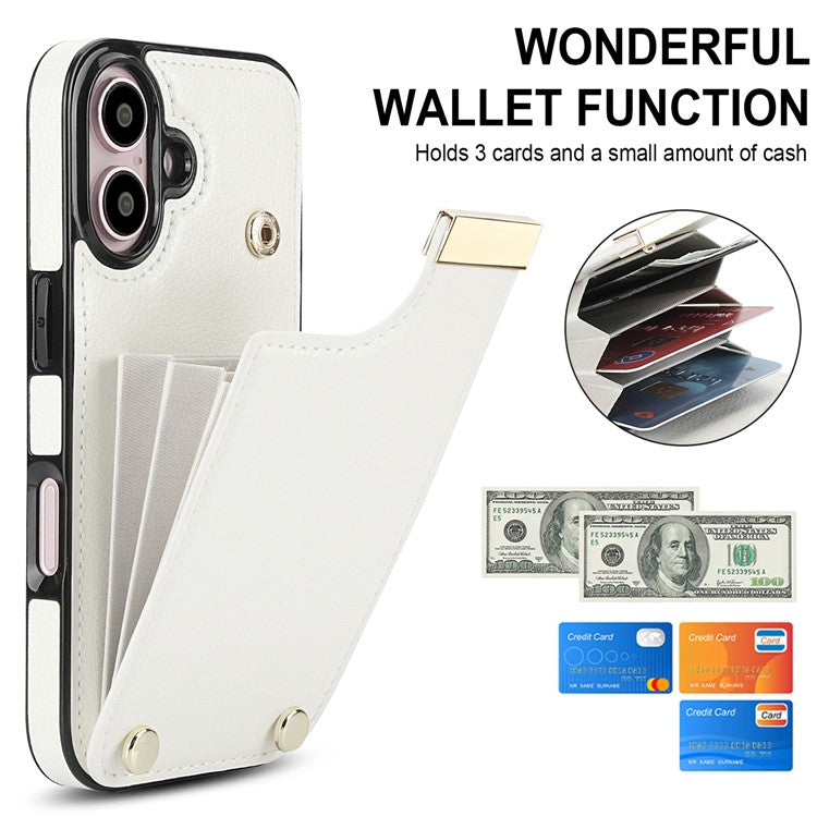 For iPhone 16 Case TPU+PU Leather Hardware Decor Phone Cover with Card Holder - White