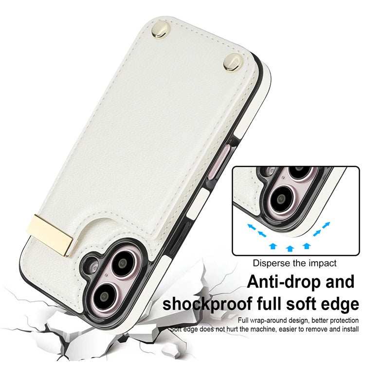 For iPhone 16 Case TPU+PU Leather Hardware Decor Phone Cover with Card Holder - White