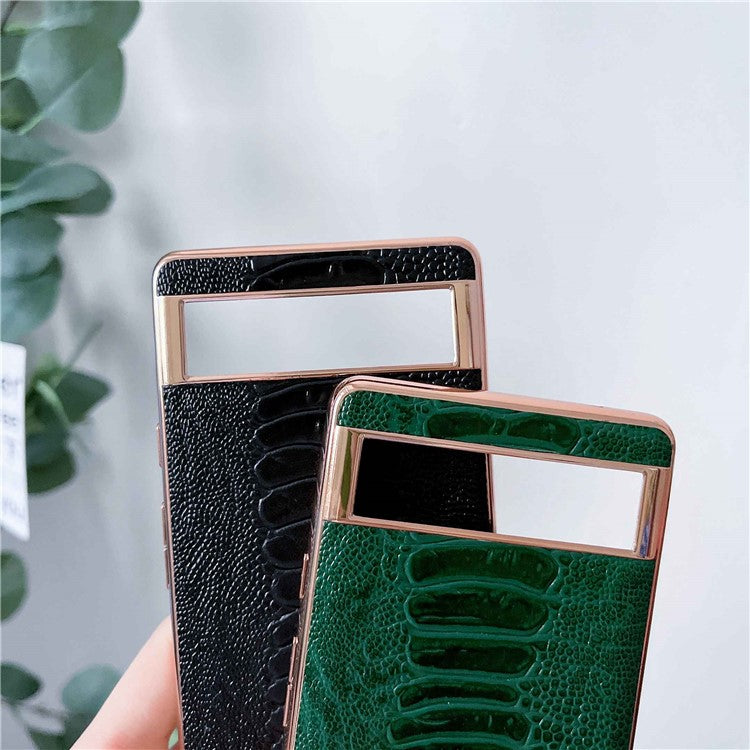 For Google Pixel 7 5G Shockproof Protective Case Electroplating Phone Cover Crocodile Texture Genuine Leather Coated TPU+PC Case - Black