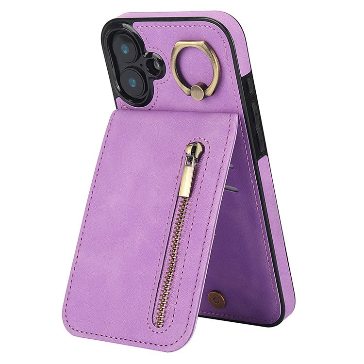 For iPhone 16 Case RFID Blocking Ring Kickstand Retro Leather+TPU Anti-fall Phone Cover - Purple