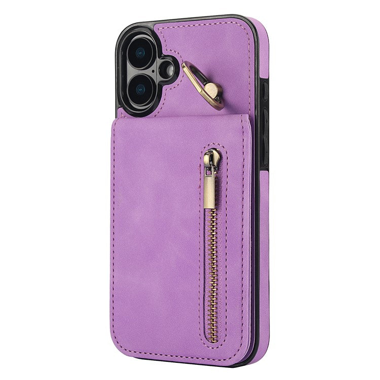 For iPhone 16 Case RFID Blocking Ring Kickstand Retro Leather+TPU Anti-fall Phone Cover - Purple
