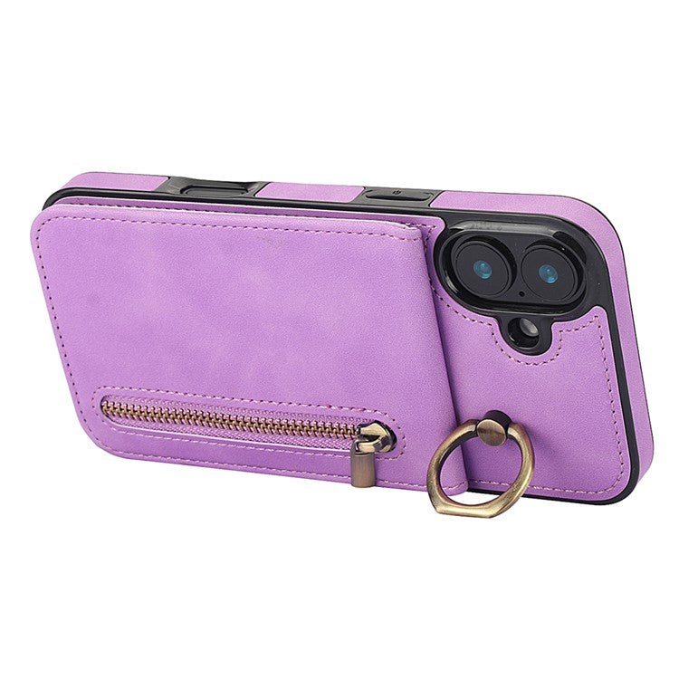 For iPhone 16 Case RFID Blocking Ring Kickstand Retro Leather+TPU Anti-fall Phone Cover - Purple