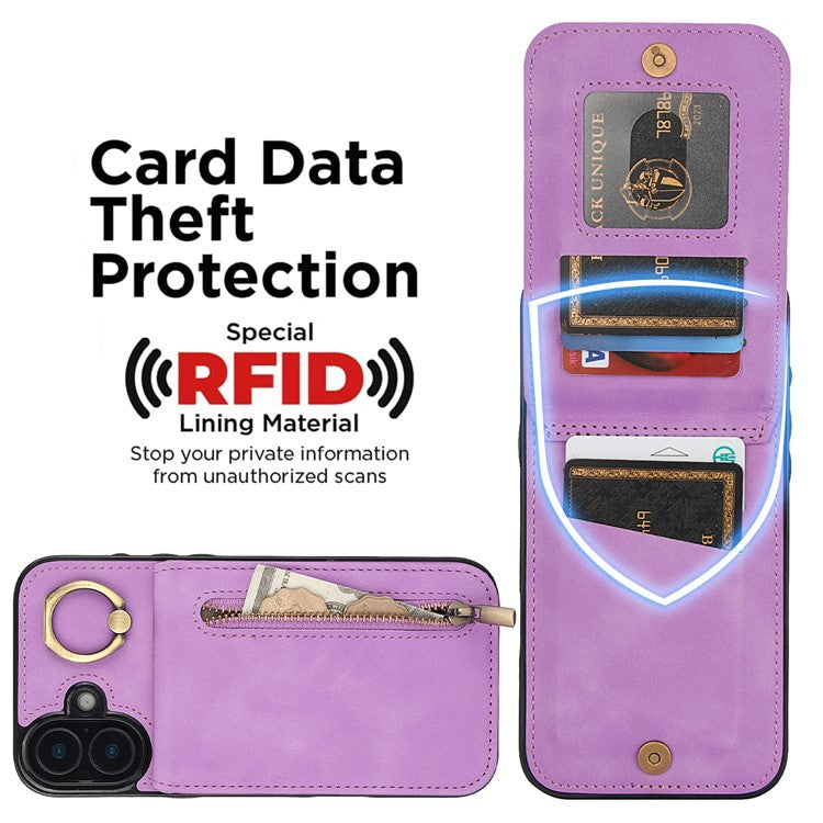 For iPhone 16 Case RFID Blocking Ring Kickstand Retro Leather+TPU Anti-fall Phone Cover - Purple
