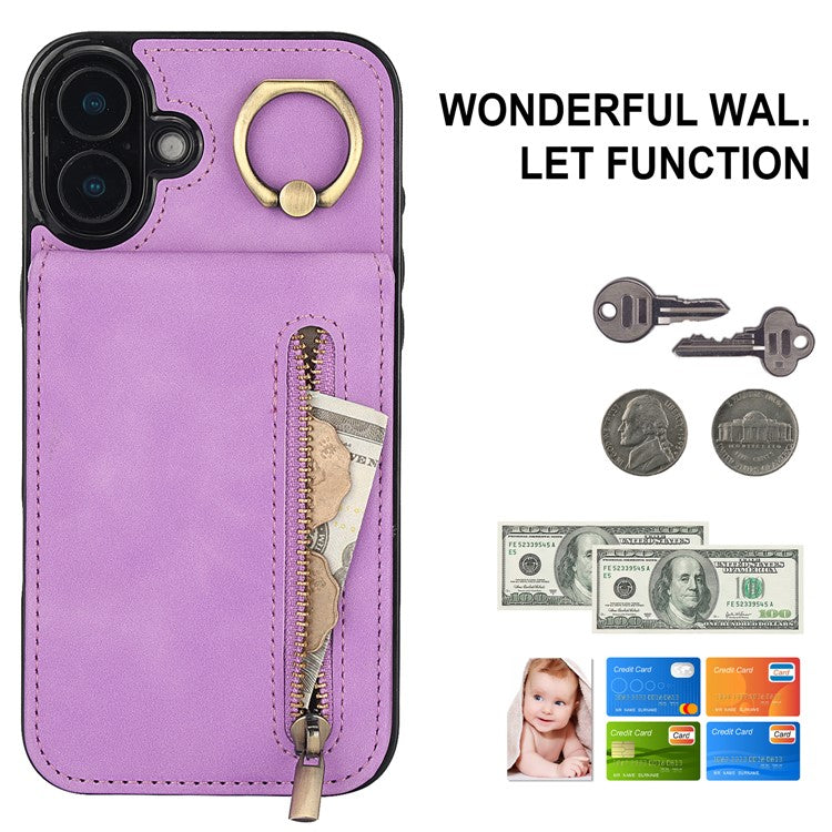For iPhone 16 Case RFID Blocking Ring Kickstand Retro Leather+TPU Anti-fall Phone Cover - Purple