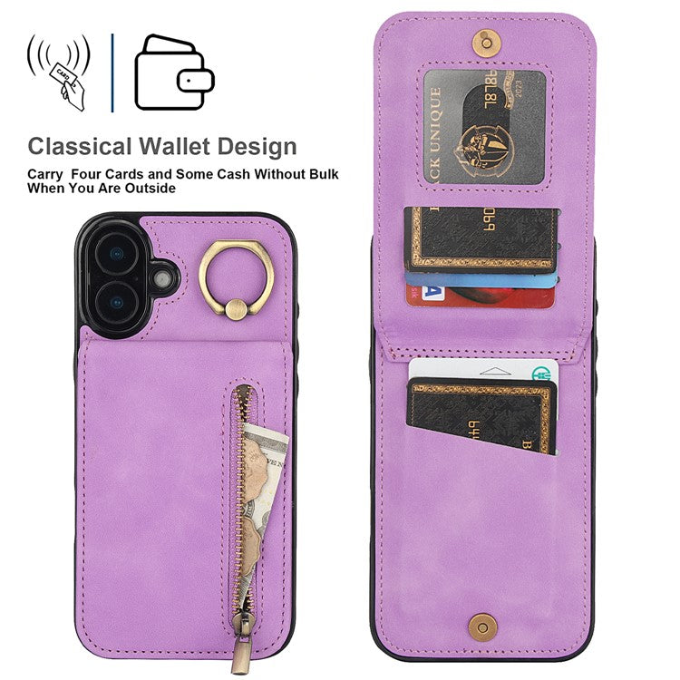For iPhone 16 Case RFID Blocking Ring Kickstand Retro Leather+TPU Anti-fall Phone Cover - Purple