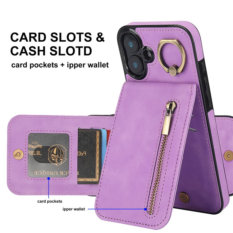 For iPhone 16 Case RFID Blocking Ring Kickstand Retro Leather+TPU Anti-fall Phone Cover - Purple