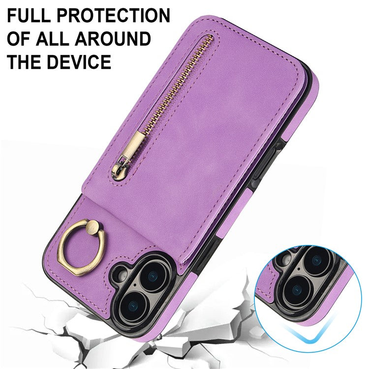 For iPhone 16 Case RFID Blocking Ring Kickstand Retro Leather+TPU Anti-fall Phone Cover - Purple