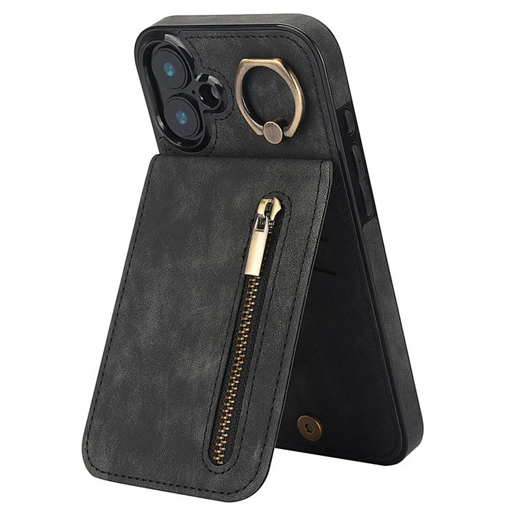 For iPhone 16 Plus Case RFID Blocking Ring Kickstand Retro Leather+TPU Anti-Fall Phone Cover - Black
