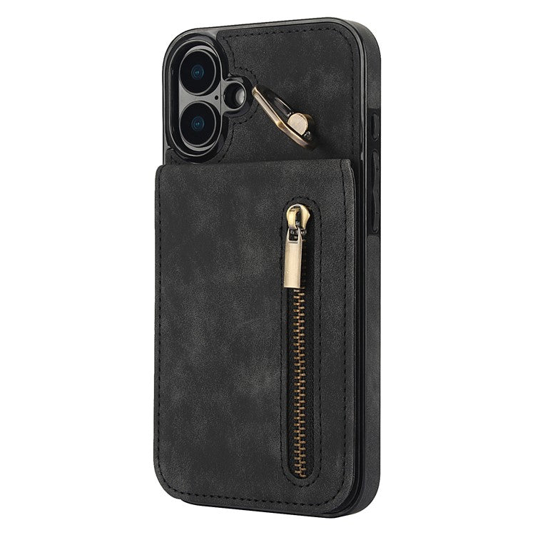For iPhone 16 Plus Case RFID Blocking Ring Kickstand Retro Leather+TPU Anti-Fall Phone Cover - Black