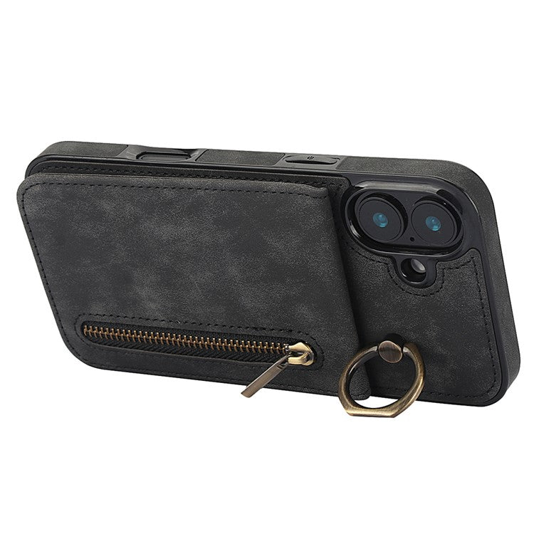 For iPhone 16 Plus Case RFID Blocking Ring Kickstand Retro Leather+TPU Anti-Fall Phone Cover - Black