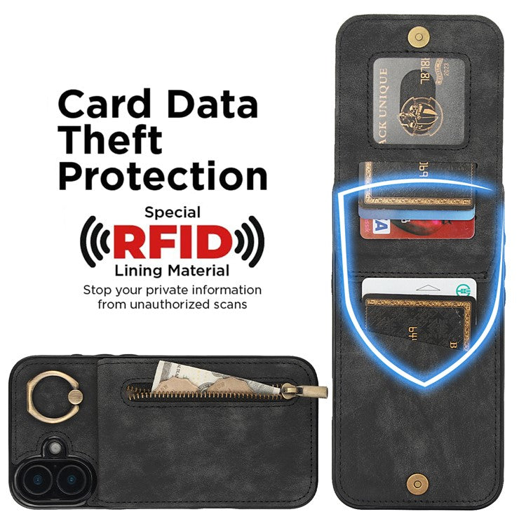 For iPhone 16 Plus Case RFID Blocking Ring Kickstand Retro Leather+TPU Anti-Fall Phone Cover - Black