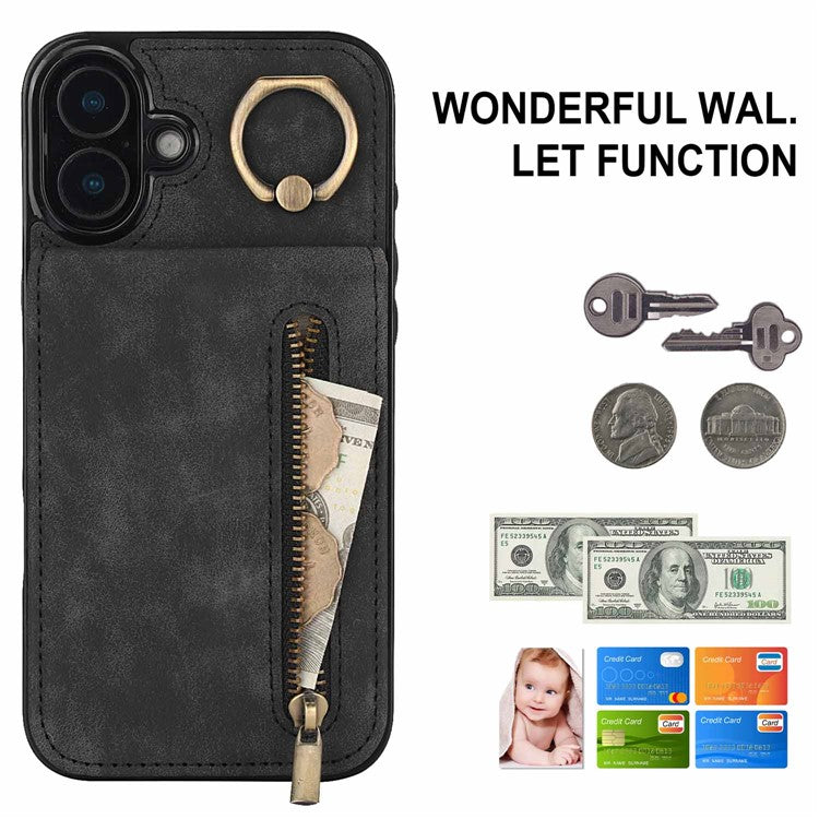 For iPhone 16 Plus Case RFID Blocking Ring Kickstand Retro Leather+TPU Anti-Fall Phone Cover - Black