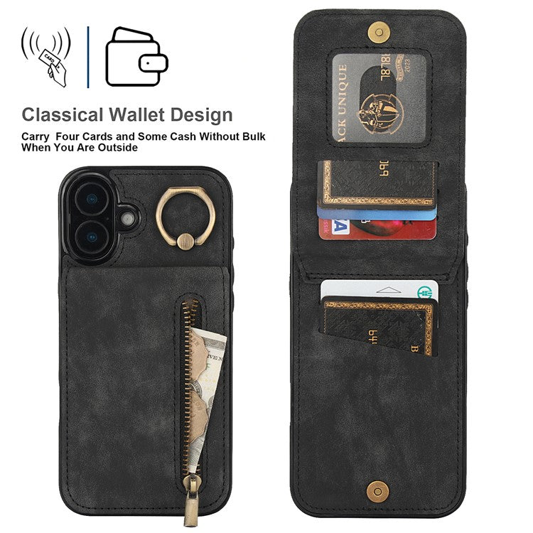 For iPhone 16 Plus Case RFID Blocking Ring Kickstand Retro Leather+TPU Anti-Fall Phone Cover - Black