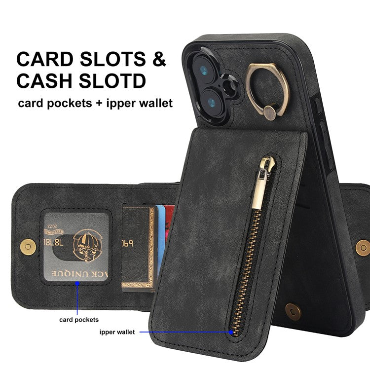 For iPhone 16 Plus Case RFID Blocking Ring Kickstand Retro Leather+TPU Anti-Fall Phone Cover - Black