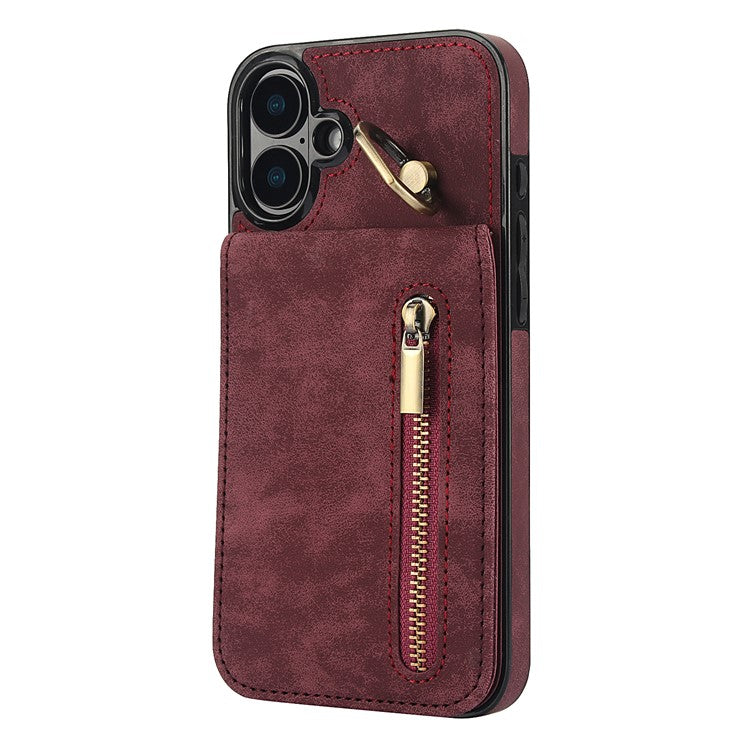For iPhone 16 Plus Case RFID Blocking Ring Kickstand Retro Leather+TPU Anti-fall Phone Cover - Wine Red