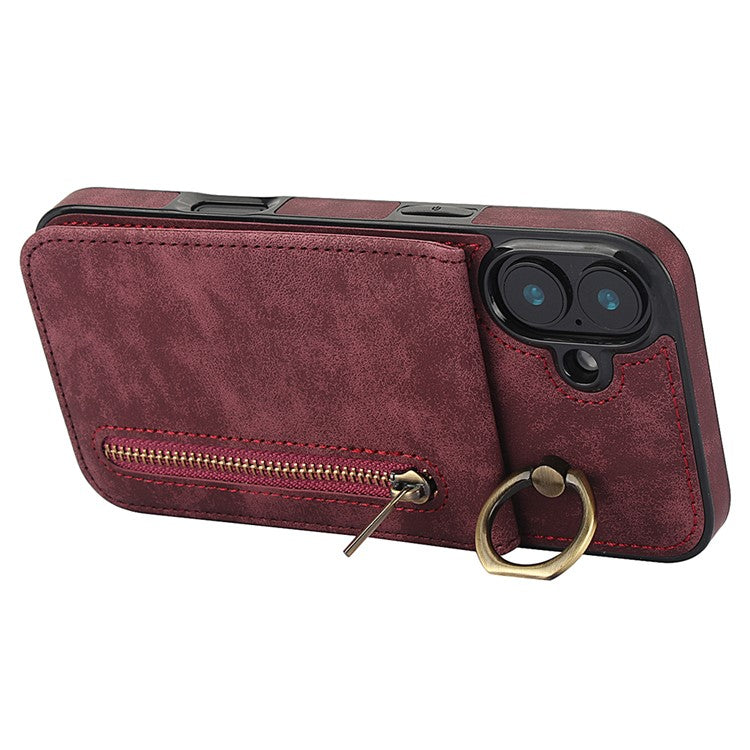 For iPhone 16 Plus Case RFID Blocking Ring Kickstand Retro Leather+TPU Anti-fall Phone Cover - Wine Red