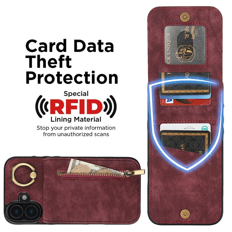 For iPhone 16 Plus Case RFID Blocking Ring Kickstand Retro Leather+TPU Anti-fall Phone Cover - Wine Red