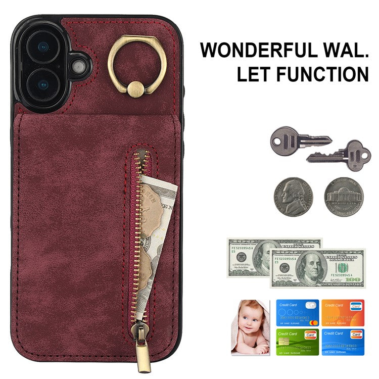 For iPhone 16 Plus Case RFID Blocking Ring Kickstand Retro Leather+TPU Anti-fall Phone Cover - Wine Red