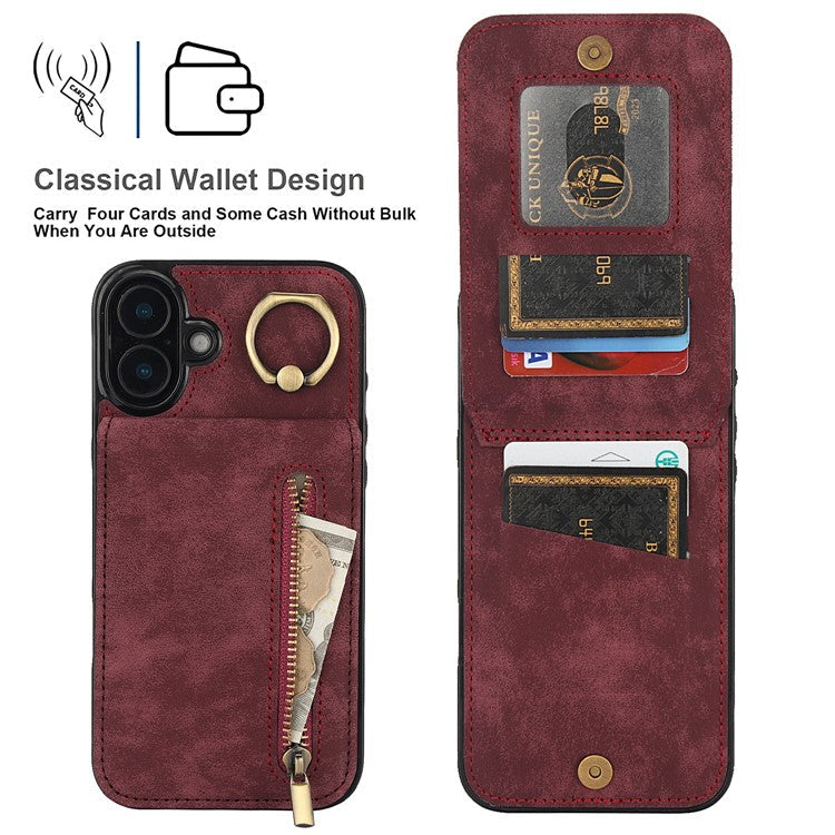For iPhone 16 Plus Case RFID Blocking Ring Kickstand Retro Leather+TPU Anti-fall Phone Cover - Wine Red