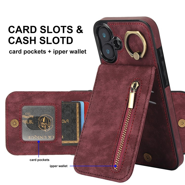 For iPhone 16 Plus Case RFID Blocking Ring Kickstand Retro Leather+TPU Anti-fall Phone Cover - Wine Red