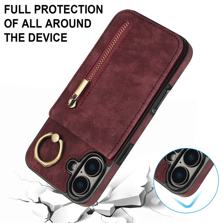 For iPhone 16 Plus Case RFID Blocking Ring Kickstand Retro Leather+TPU Anti-fall Phone Cover - Wine Red