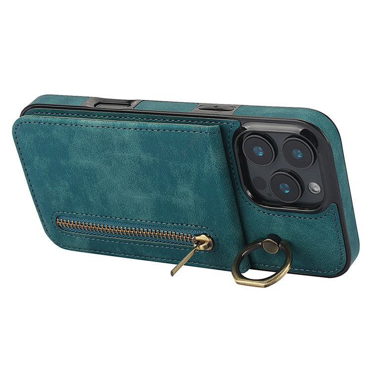 For iPhone 16 Pro Case RFID Blocking Ring Kickstand Retro Leather+TPU Anti-fall Phone Cover - Blue