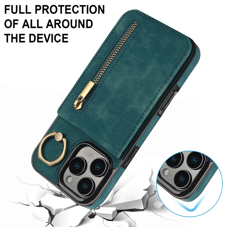For iPhone 16 Pro Case RFID Blocking Ring Kickstand Retro Leather+TPU Anti-fall Phone Cover - Blue