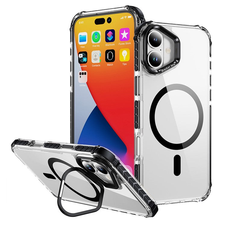 For iPhone 16 Plus Clear Phone Case with Lens Kickstand Cover Compatible with MagSafe - Black
