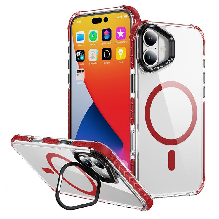 For iPhone 16 Clear Phone Case with Lens Kickstand Cover Compatible with MagSafe - Red / Black