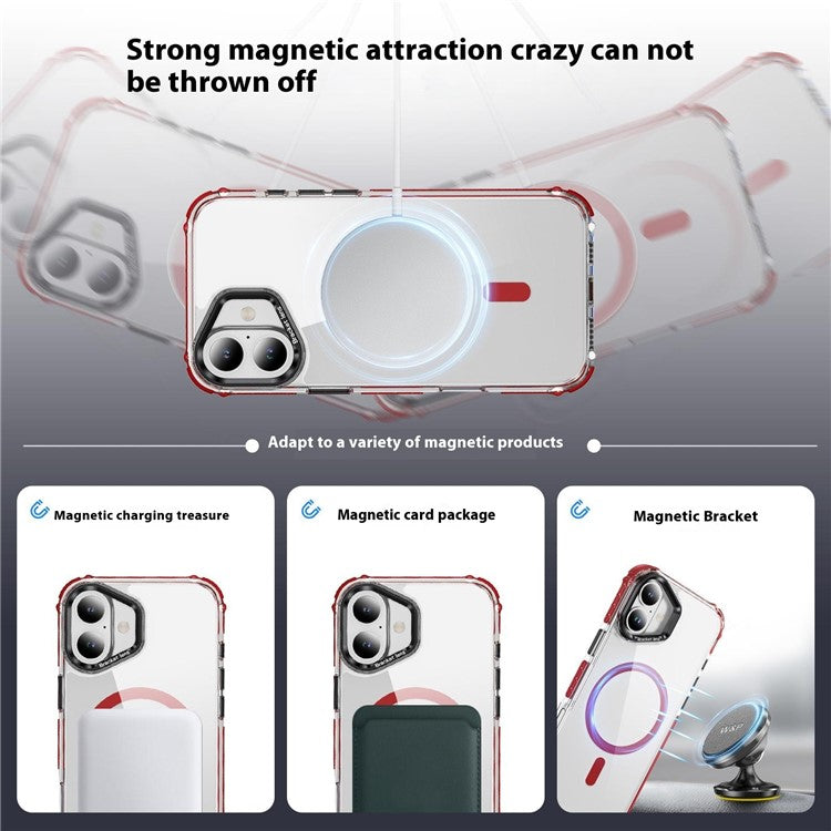 For iPhone 16 Clear Phone Case with Lens Kickstand Cover Compatible with MagSafe - Red / Black