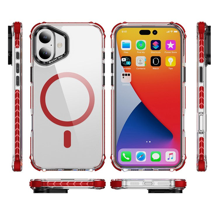 For iPhone 16 Clear Phone Case with Lens Kickstand Cover Compatible with MagSafe - Red / Black