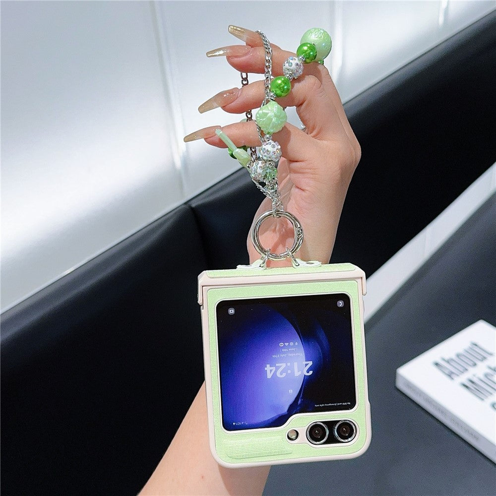 For Samsung Galaxy Z Flip7 FE 5G / Z Flip6 5G Case Hinge Protection Leather+PC Phone Cover with Beaded Strap - Light Green