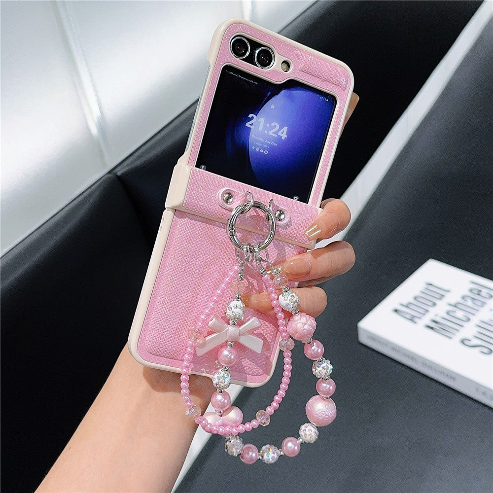 For Samsung Galaxy Z Flip7 FE 5G / Z Flip6 5G Case Hinge Protection Leather+PC Phone Cover with Beaded Strap - Pink