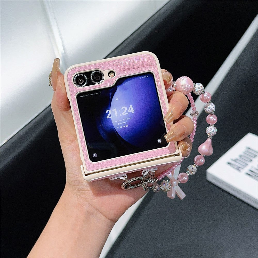 For Samsung Galaxy Z Flip7 FE 5G / Z Flip6 5G Case Hinge Protection Leather+PC Phone Cover with Beaded Strap - Pink