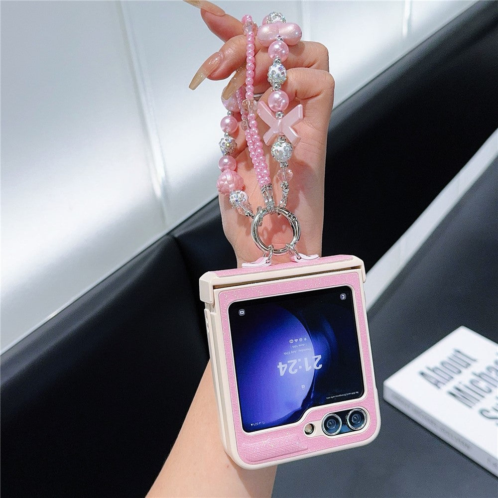 For Samsung Galaxy Z Flip7 FE 5G / Z Flip6 5G Case Hinge Protection Leather+PC Phone Cover with Beaded Strap - Pink