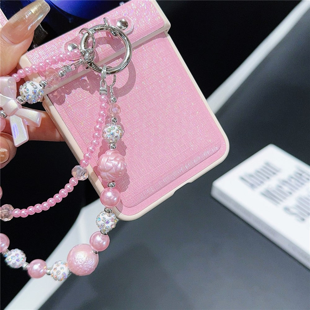 For Samsung Galaxy Z Flip7 FE 5G / Z Flip6 5G Case Hinge Protection Leather+PC Phone Cover with Beaded Strap - Pink