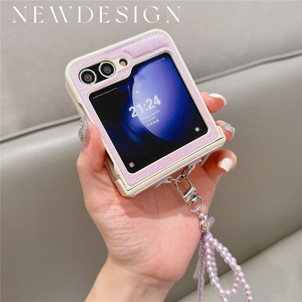 For Samsung Galaxy Z Flip7 FE 5G / Z Flip6 5G Case Hinge Protection Leather+PC Phone Cover with Bow Beaded Strap - Pink